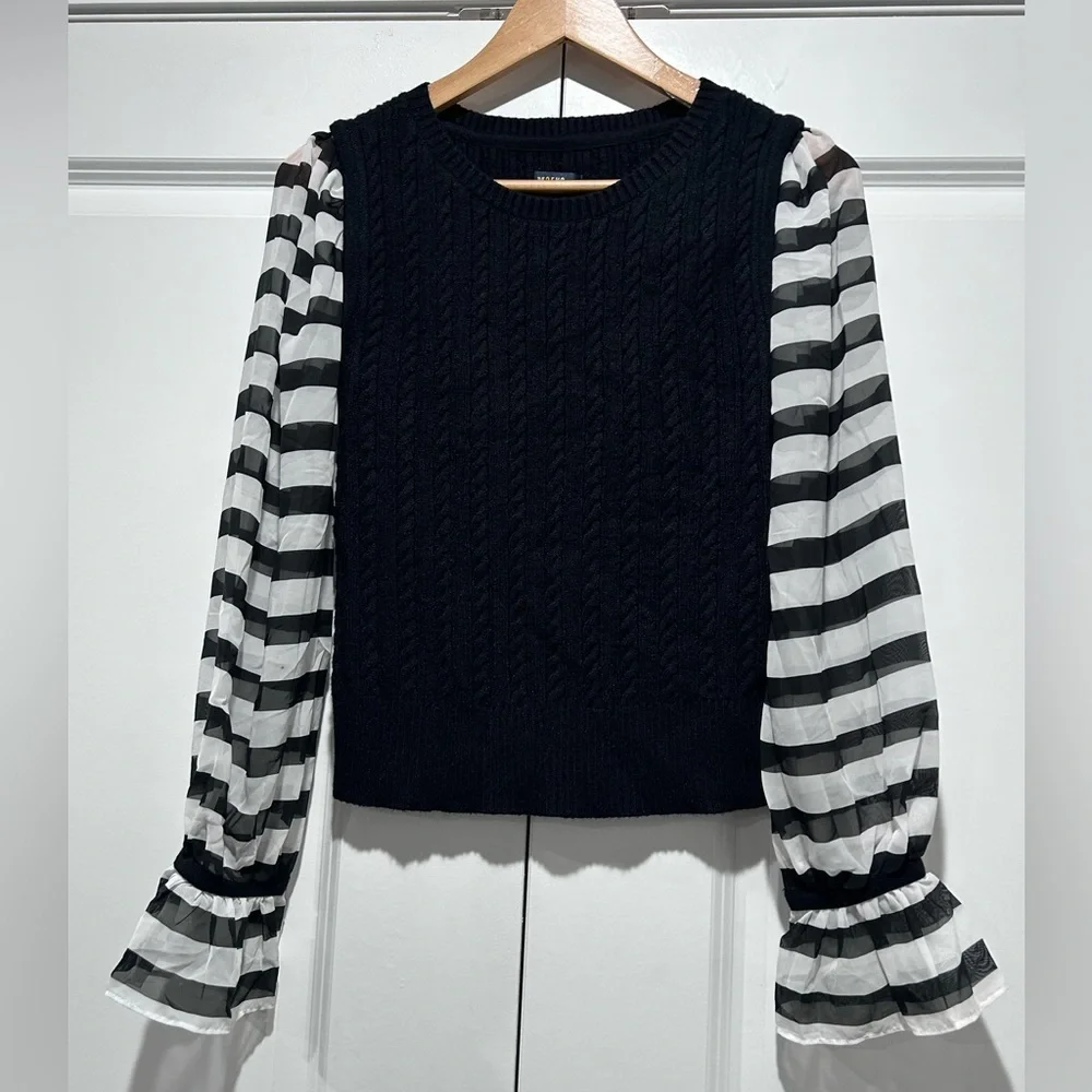 Maeve by Anthropologie Black and White Striped Sleeve sweater Top XSP - Picture 2 of 10